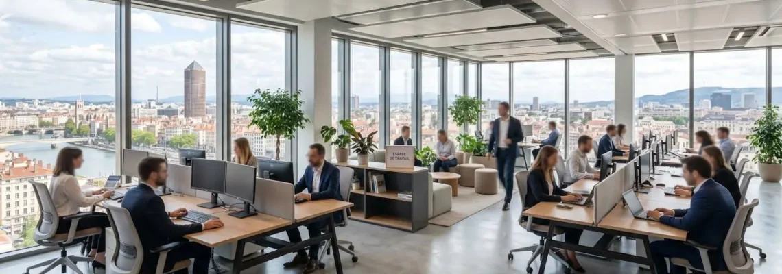 Open space moderne d'une PME lyonnaise avec grandes fenêtres donnant sur la ville, postes de travail contemporains vides, lumière naturelle abondante