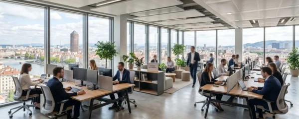 Open space moderne d'une PME lyonnaise avec grandes fenêtres donnant sur la ville, postes de travail contemporains vides, lumière naturelle abondante