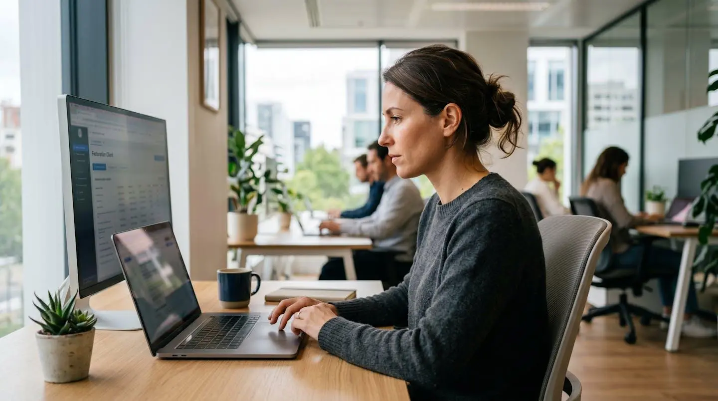 Chef d'entreprise femme d'environ 40 ans vue de profil, concentrée devant son ordinateur affichant un tableau comparatif de contrats, bureau moderne bien éclairé