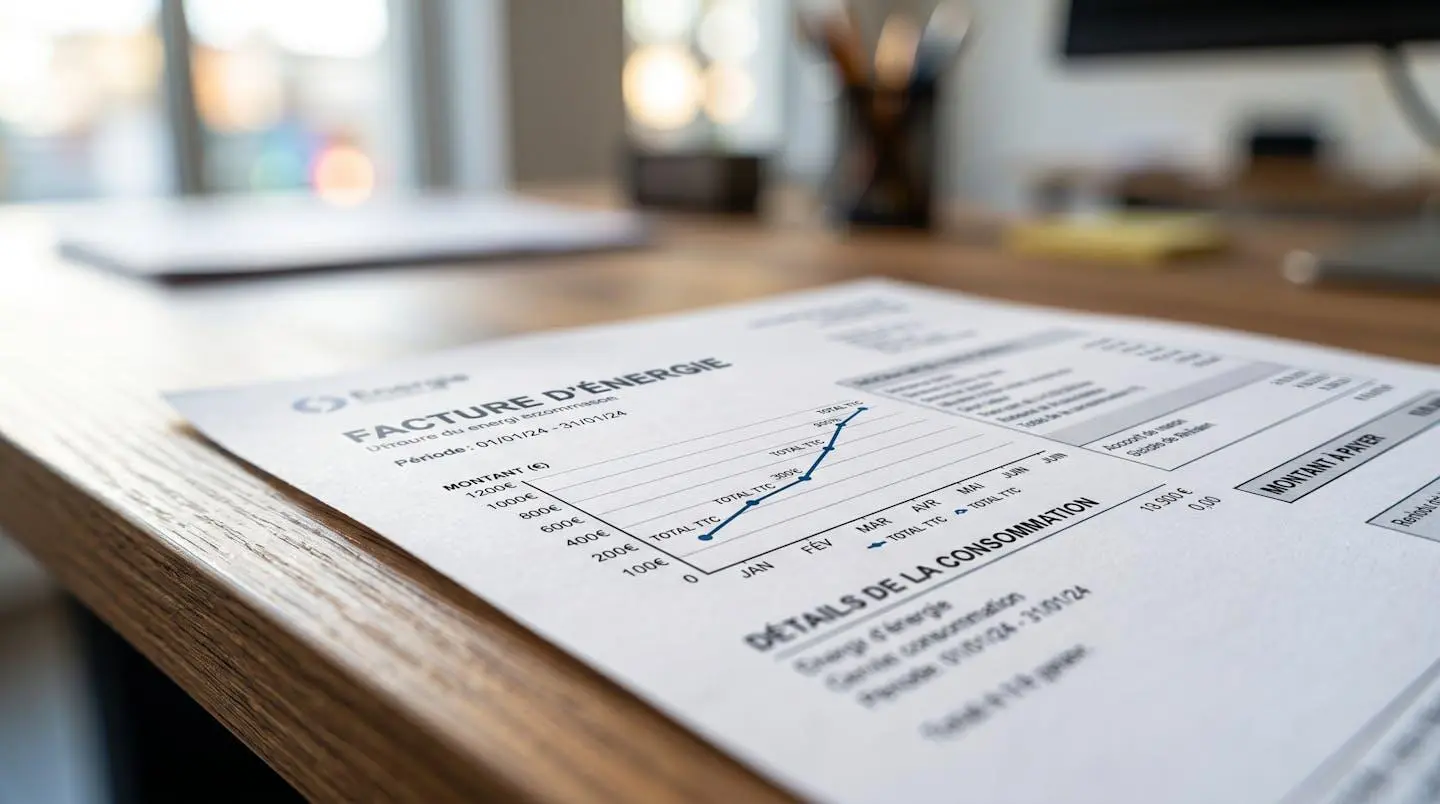 Gros plan sur une facture d'électricité professionnelle avec graphique montrant une courbe de prix en hausse, détails texte kWh et montants en euros partiellement visibles